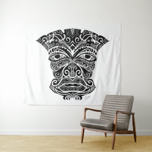 Weiße und schwarze Tiki-Maske Wandteppich