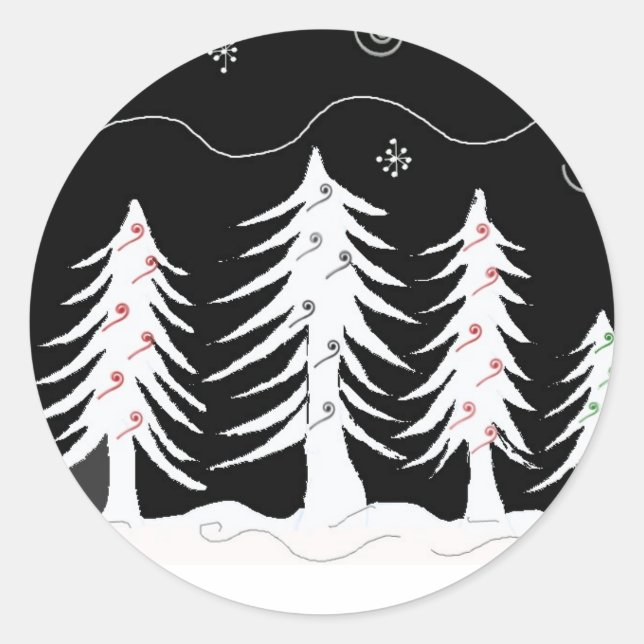 Weiße und schwarze Weihnachtslandschaft Runder Aufkleber (Vorderseite)