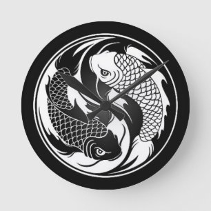 Weiße und schwarze Yin Yang Koi Fische Runde Wanduhr