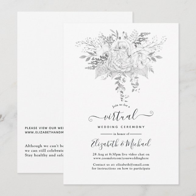 Weiße und silberne Vintage Rose Virtual Wedding Einladung (Vorne/Hinten)