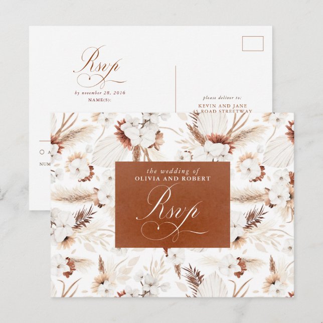 Weiße und Terracotta-Blume Hochzeit RSVP Postkarte (Vorne/Hinten)