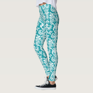 Weiße und türkisblaue Damasken Leggings