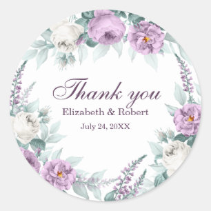 Weiße und violette Blumen-Hochzeit-Danke-Aufkleber Runder Aufkleber