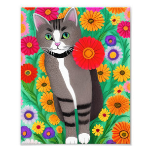 Weiße und weiße Katzen und rote Blume Fotodruck