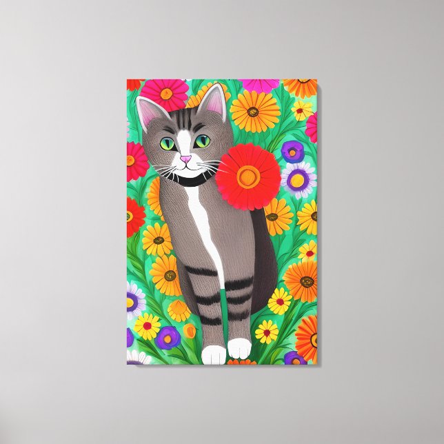 Weiße und weiße Katzen und rote Blume Leinwanddruck (Vorderseite)