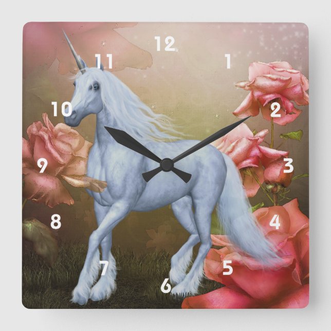 Weiße Unicorn-Pferderosa-Rosen-Fantasie Quadratische Wanduhr (Vorderseite)