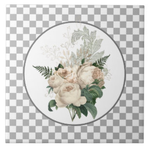 Weiße Vintage-Rosen Schachbrett Fliese
