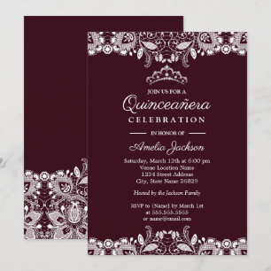 Weiße Vintage-Spitze Burgunder-Quinceanera Einladung