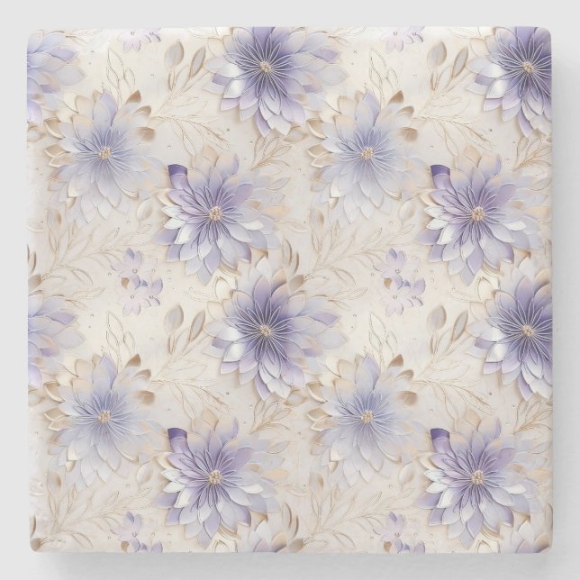 Weiße violette Blumen Steinuntersetzer (Vorderseite)