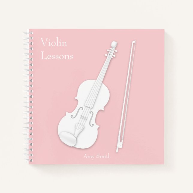 Weiße Violine und Bow Rose Rosa Custom Square Notizbuch (Vorderseite)