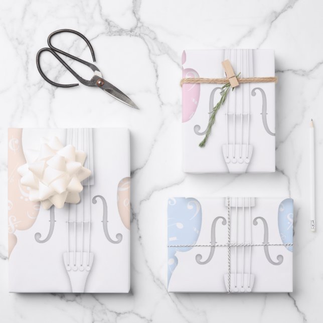 Weiße Violine und Musiksymbole Pfirsichfarben Blau Geschenkpapier Set (Vorderseite)