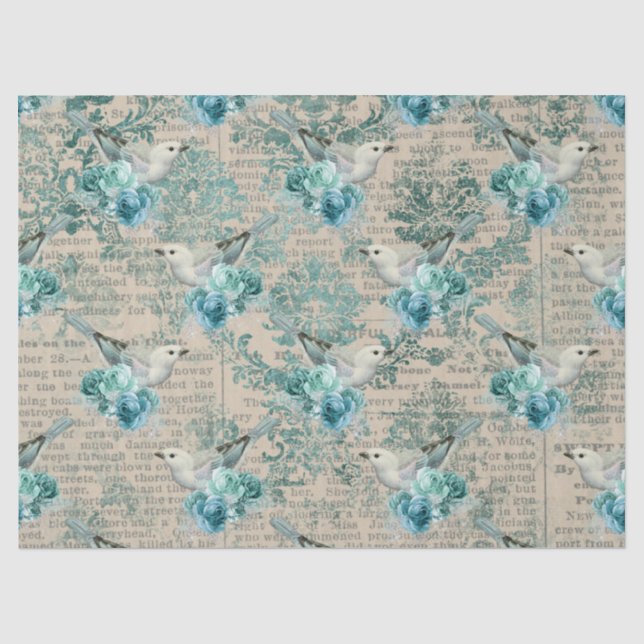 Weiße Vögel, Blaublumen und Newsprint Seidenpapier (Vorderseite)