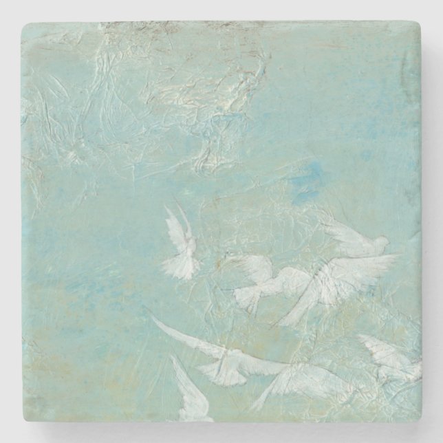 Weiße Vögel, die durch blauen Himmel fliegen Steinuntersetzer (Vorderseite)