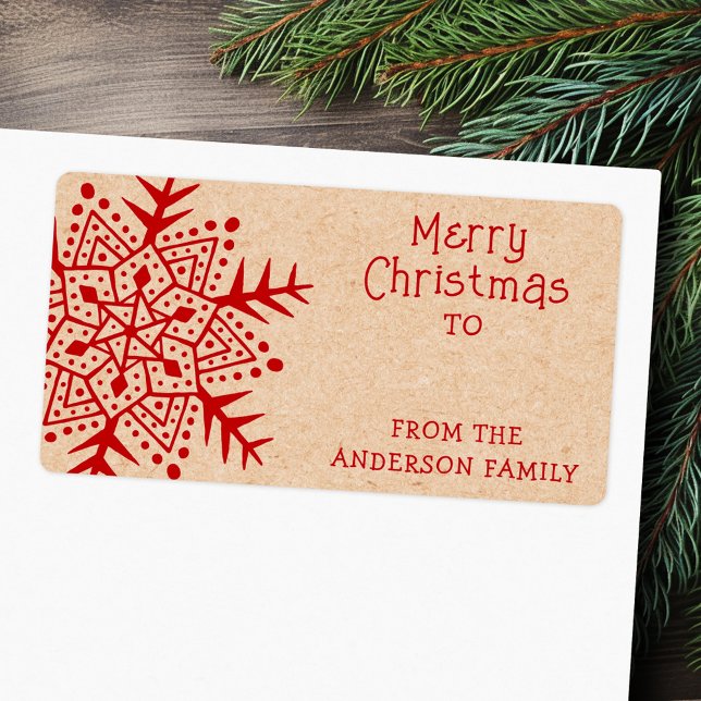 Weiße Volkskunst Schneeflocke Kraft aus Geschenk (Whimsical folk art snowflake Kraft to from gift label)