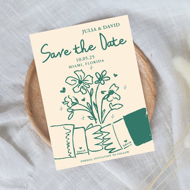 Weiße, von der grünen Blüte gezeichnete Hochzeit R Save The Date (Von Creator hochgeladen)