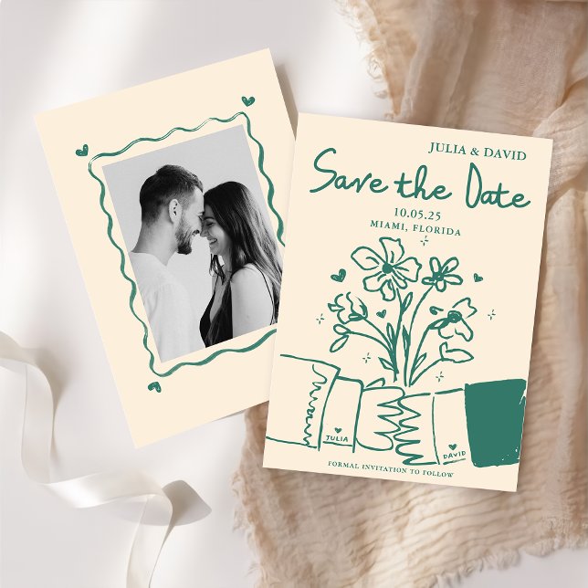 Weiße, von der grünen Blüte gezeichnete Hochzeit R Save The Date (Von Creator hochgeladen)