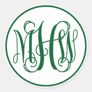Weiße Waldgrüne Ranken-Schrift-Monogramm, DIY BG Runder Aufkleber