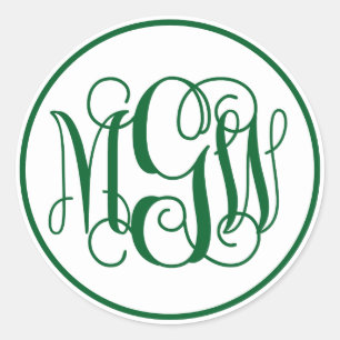 Weiße Waldgrüne Ranken Schrift Monogramm, DIY BG Runder Aufkleber
