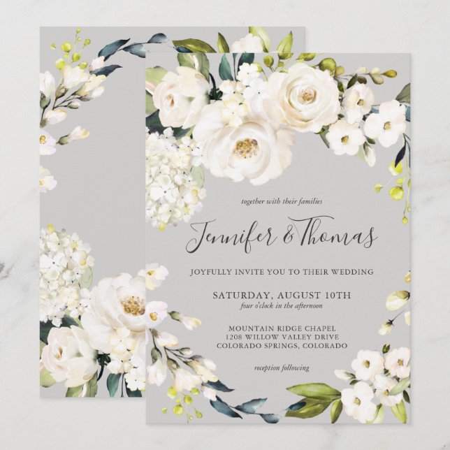 Weiße Wasserfarbe Blumenreath auf Taupe Hochzeit Einladung (Vorne/Hinten)