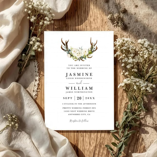 Weiße Wasserfarben-Blumen-Geweih-QR-Code-Hochzeit Einladung (Von Creator hochgeladen)