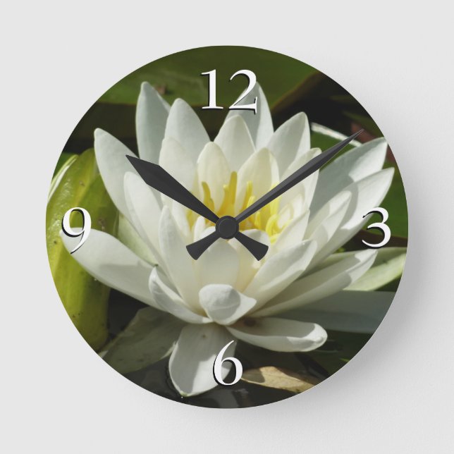 Weiße Wasserlilie und Blüten Runde Wanduhr (Vorderseite)