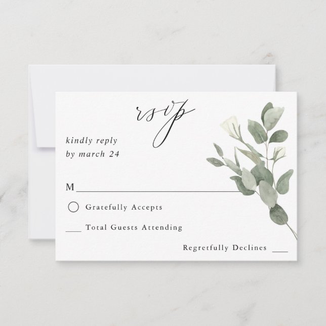 Weiße weiche Floral und Eukalyptus ni Mahlzeiten U RSVP Karte (Vorderseite)