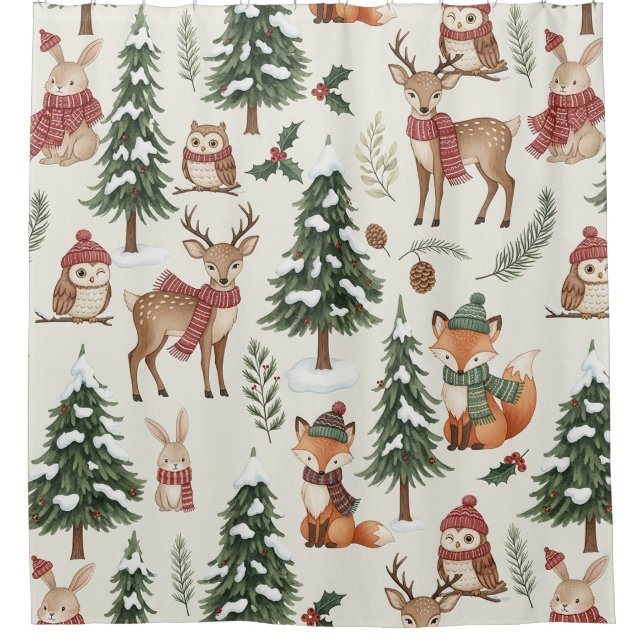 Weiße Weihnachts-Wald-Fuchs-Hasen-Muster Duschvorhang (Vorderseite)