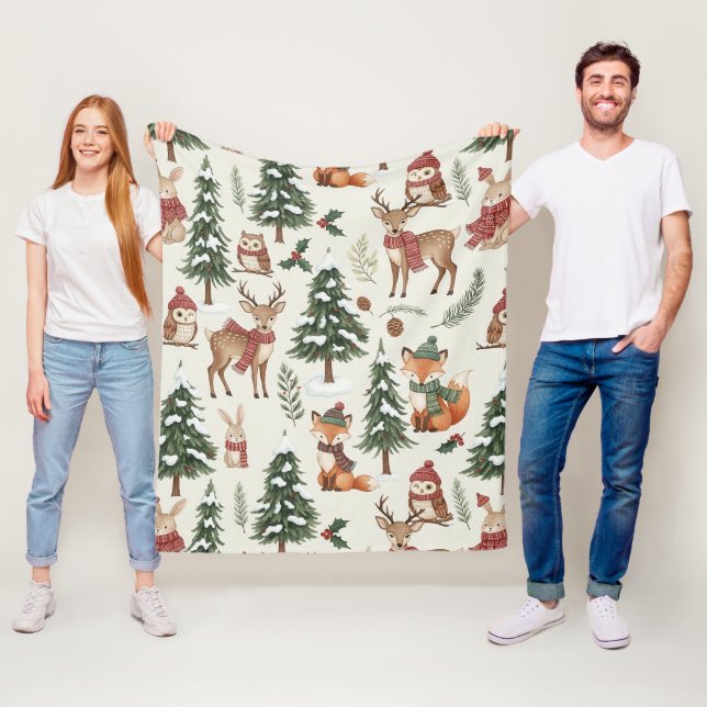 Weiße Weihnachts-Wald-Fuchs-Hasen-Muster Fleecedecke (Beispiel)