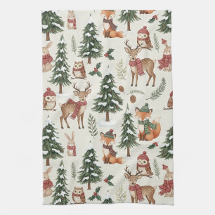 Weiße Weihnachts-Wald-Fuchs-Hasen-Muster Geschirrtuch
