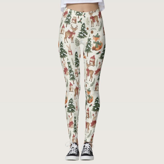 Weiße Weihnachts-Wald-Fuchs-Hasen-Muster Leggings (Vorderseite)
