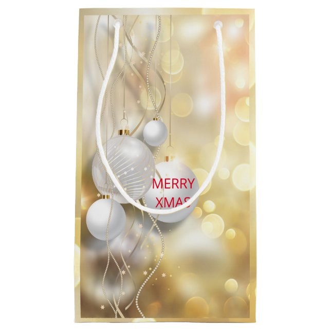 Weiße Weihnachtsbälle und Goldblasen Kleine Geschenktüte (Vorderseite)