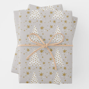 Weiße Weihnachtsbäume mit goldenem Start und Licht Geschenkpapier Set
