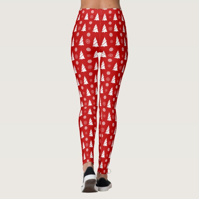 Weiße Weihnachtsbäume mit Schneeflocken-Muster Leggings (Rückseite)