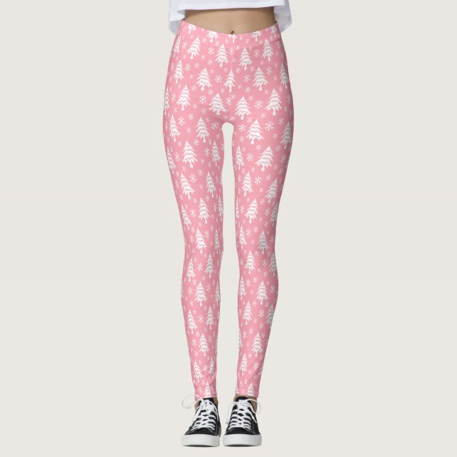 Weiße Weihnachtsbaume Schneeflocke Rosa Weiß Leggings (Vorderseite)