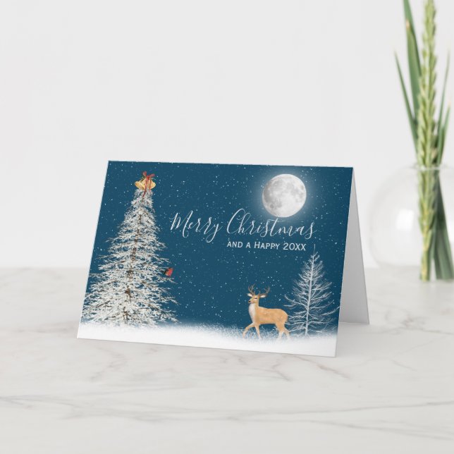 Weiße Weihnachtsbaume und Hirschkarte Karte (Vorderseite)