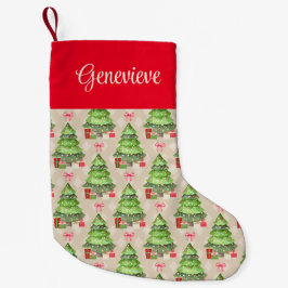 Weiße Weihnachtsbaumen, rote Bögen und Geschenke Kleiner Weihnachtsstrumpf