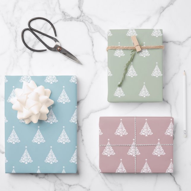 Weiße Weihnachtsbaummuster auf Pastellfarben Geschenkpapier Set (Vorderseite)