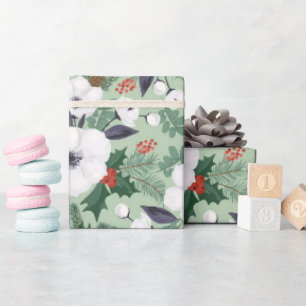 Weiße Weihnachtsblumen und rotes Beerenmuster Geschenkpapier
