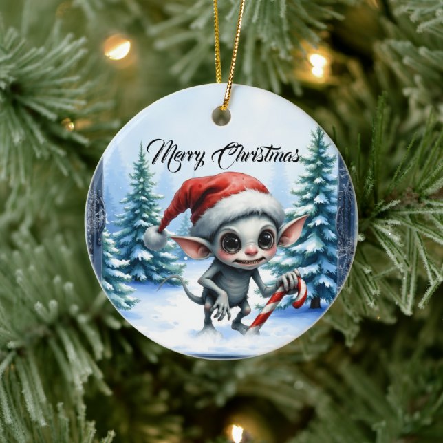 Weiße Weihnachtself mit Candy Cane. Keramik Ornament (Baum)