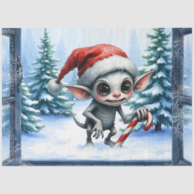 Weiße Weihnachtself mit Candy Cane. Seidenpapier (Vorderseite)