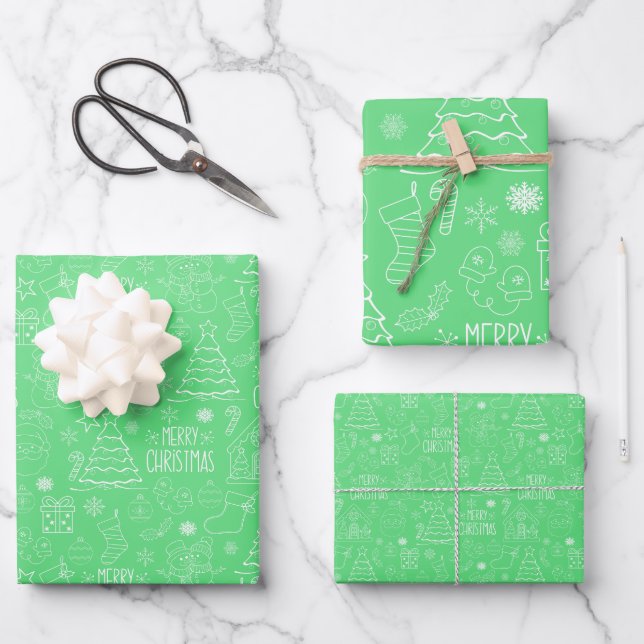 Weiße Weihnachtsfeiertage auf Grün Geschenkpapier Set (Vorderseite)