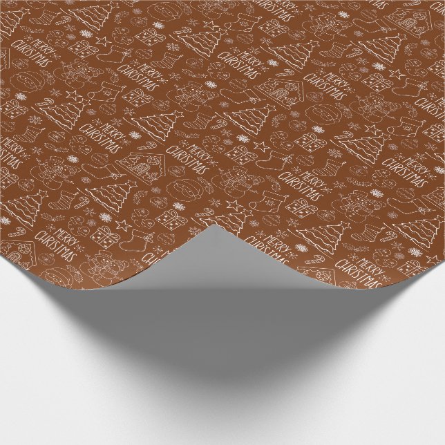 Weiße Weihnachtsferien-Konturen auf Dunkelbraun Geschenkpapier (Ecke)