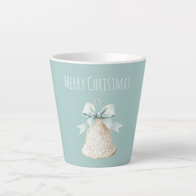 Weiße Weihnachtsglocke mit hübscher blauer Schleif Milchtasse (Vorderseite)