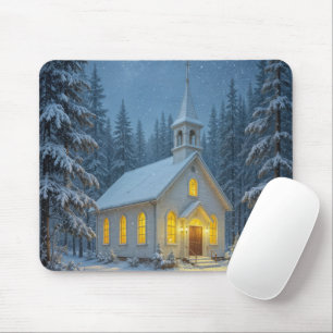 Weiße Weihnachtskapelle in Winterkiefern Mousepad