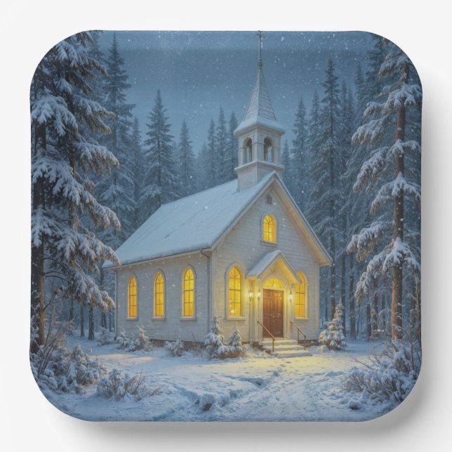 Weiße Weihnachtskapelle in Winterkiefern Pappteller (Vorderseite)