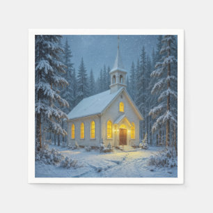 Weiße Weihnachtskapelle in Winterkiefern Serviette