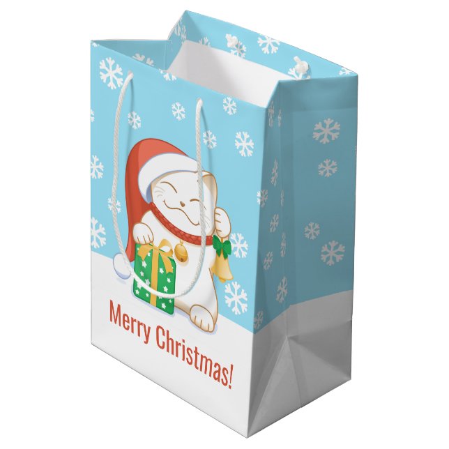 Weiße Weihnachtskatze in einem Red Hat Mittlere Geschenktüte (Rückseite Schrägansicht)