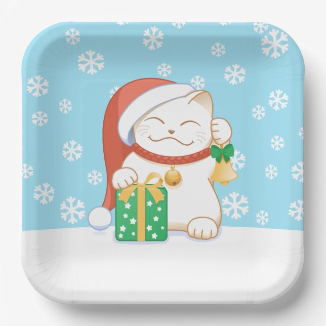 Weiße Weihnachtskatze in einem Red Hat Pappteller (Vorderseite)