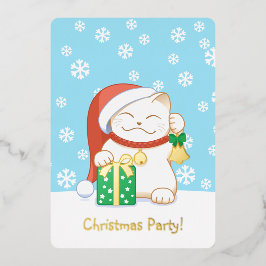 Weiße Weihnachtskatze in einem Red Hat Party Folieneinladung
