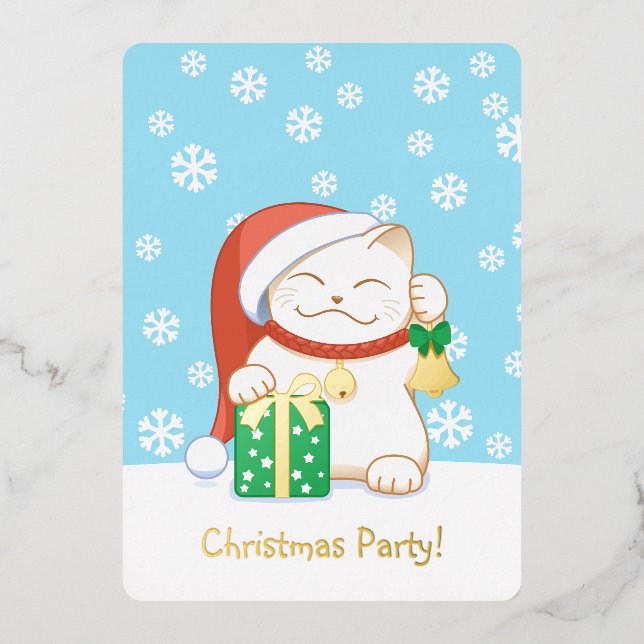 Weiße Weihnachtskatze in einem Red Hat Party Folieneinladung (Vorderseite)